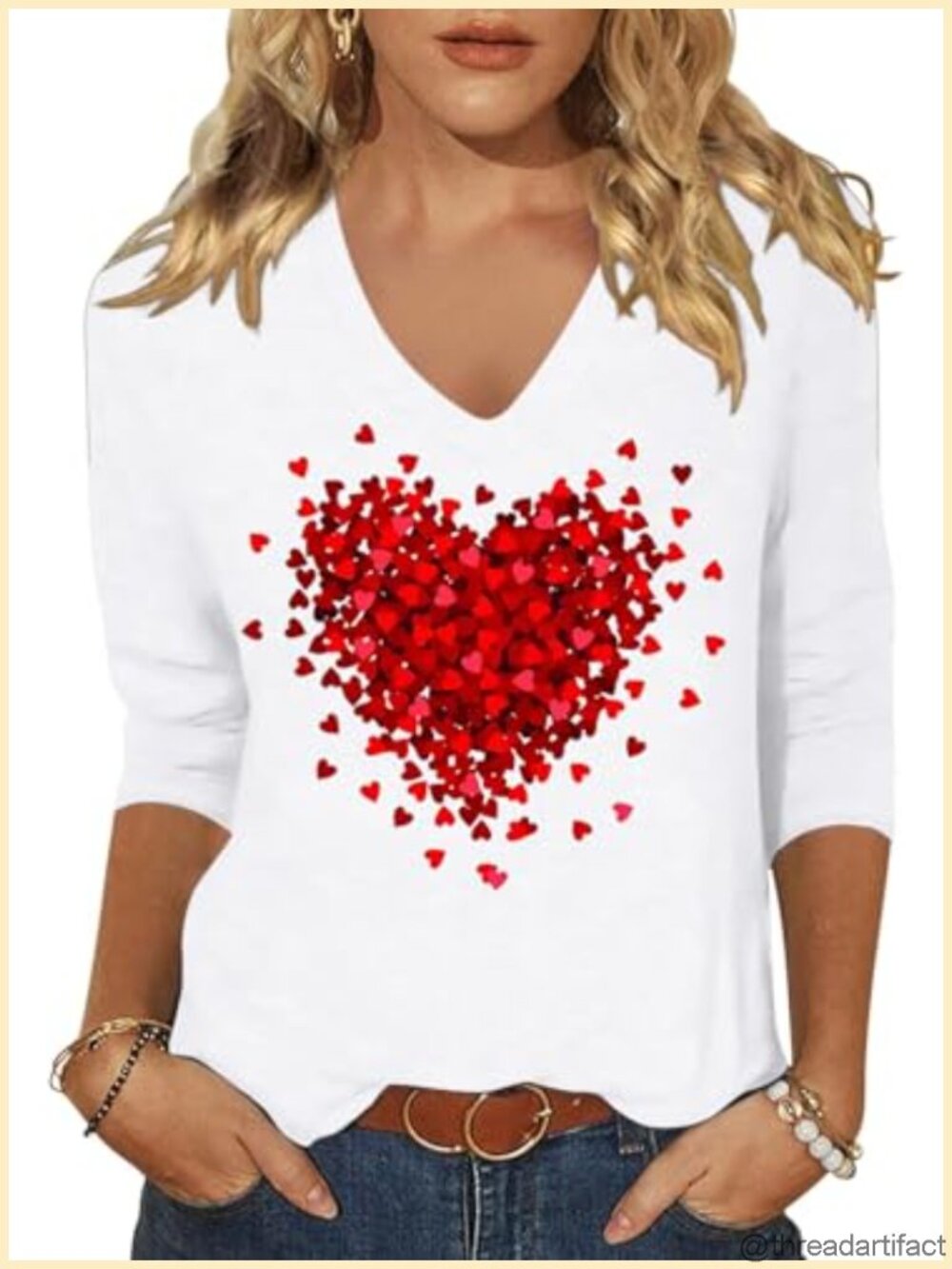 Womens 3/4 Sleeve V Neck Valentine Love Heart Graphic Tee Tops Casual